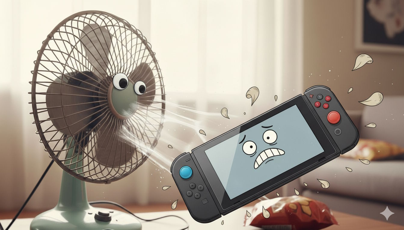switch2が扇風機の風で涼んでいるイラスト