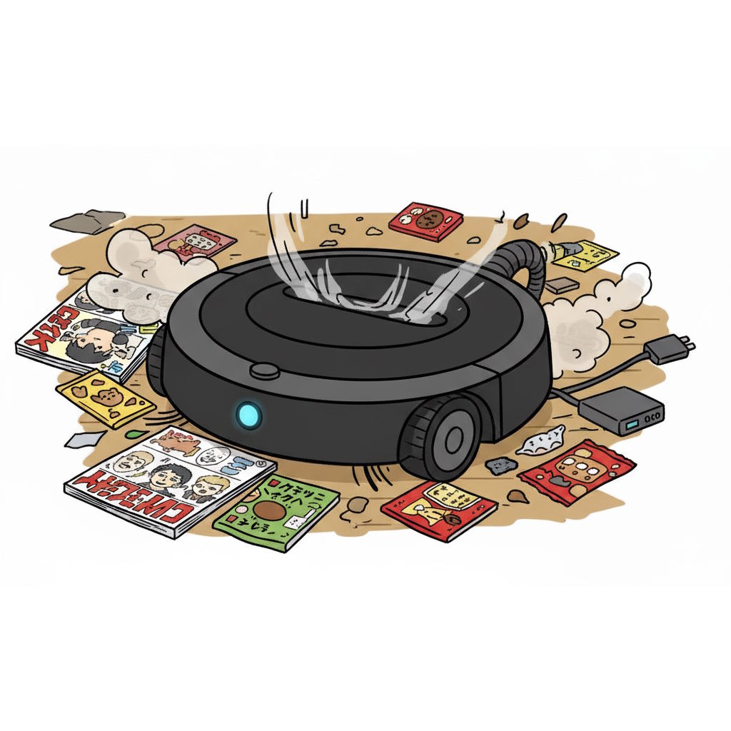 ロボット掃除機が一人暮らしの汚い部屋を掃除しているイラスト